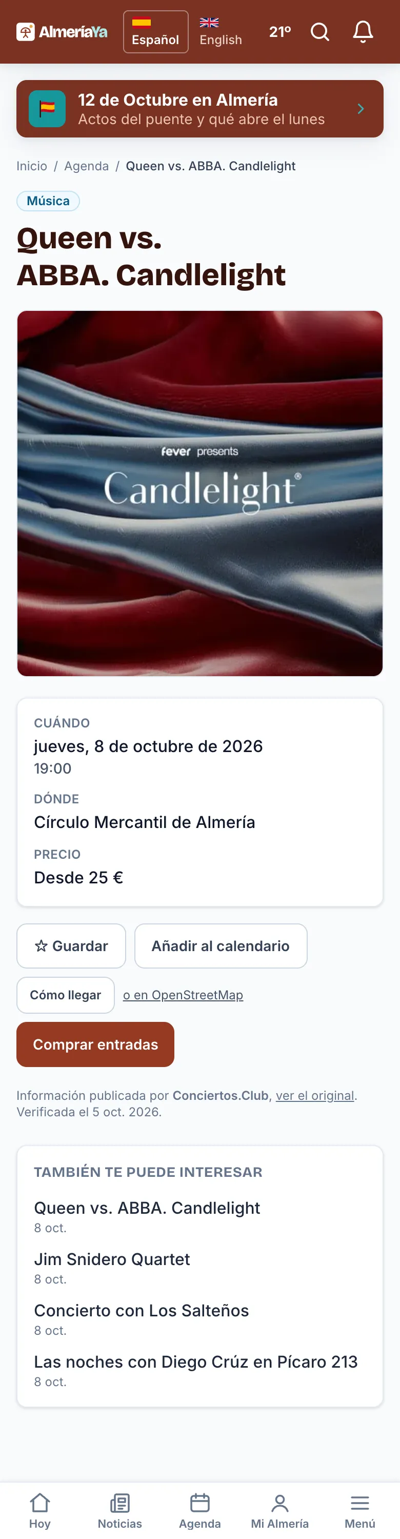 Ficha de un acto de la agenda con el botón «Añadir al calendario»
