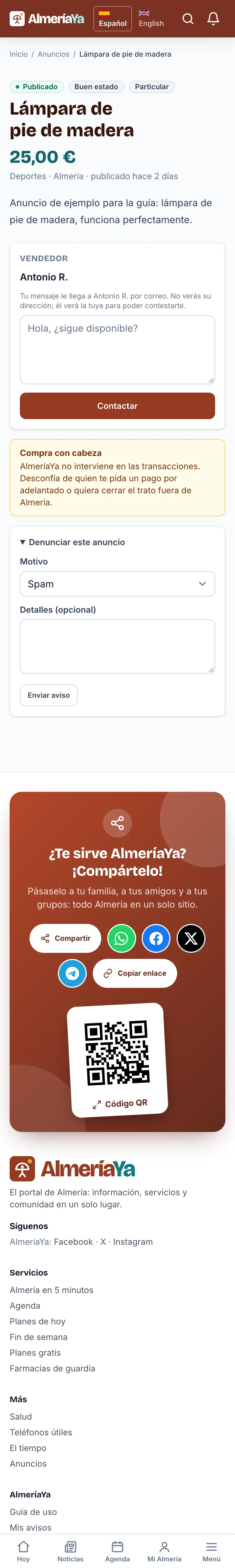 Un anuncio con el formulario para contactar y el de denunciar