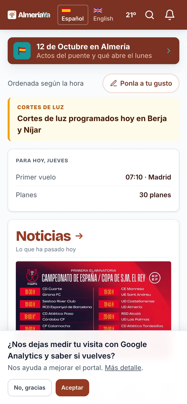El aviso de cookies con «No, gracias» y «Aceptar»