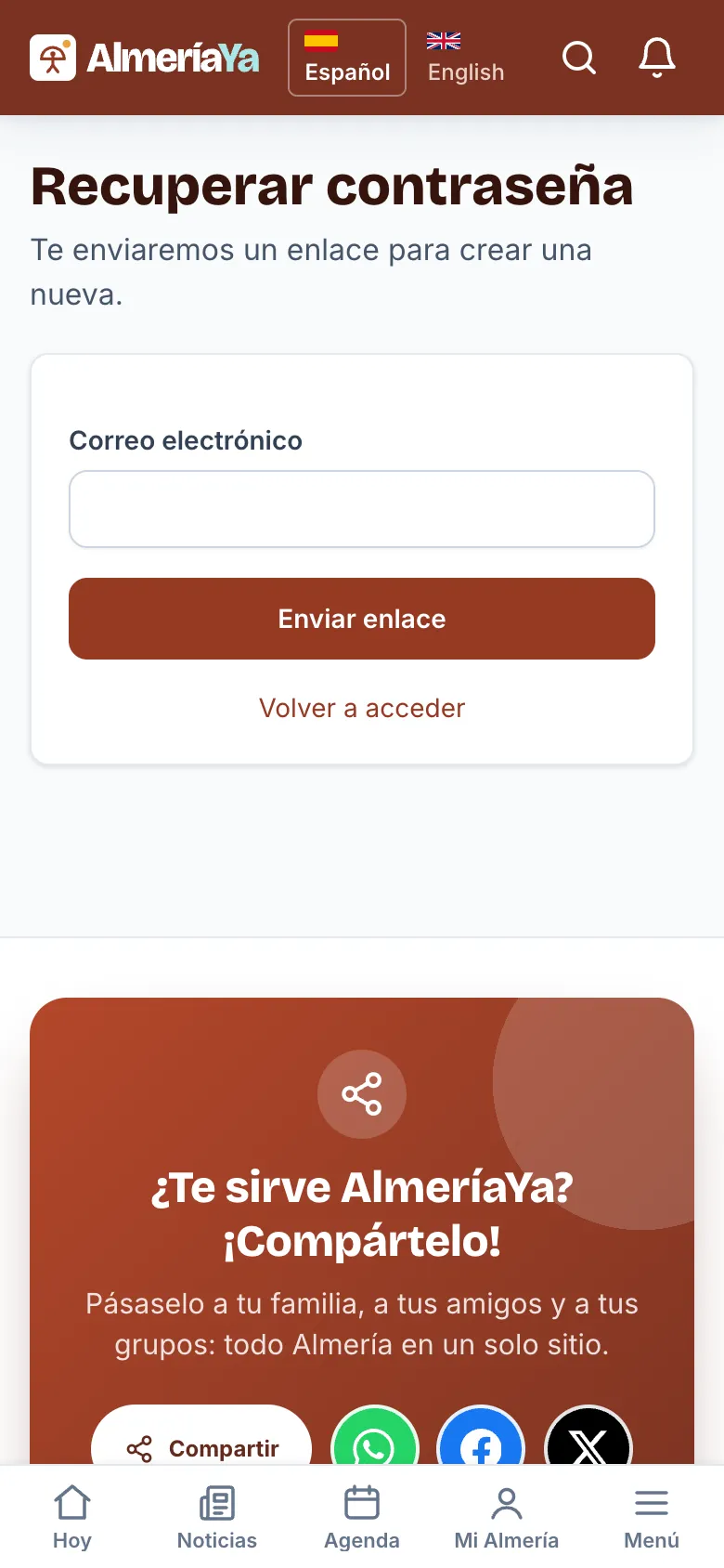 Pantalla para recuperar la contraseña