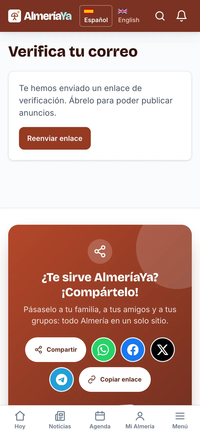 Pantalla «Verifica tu correo» con el botón «Reenviar enlace»