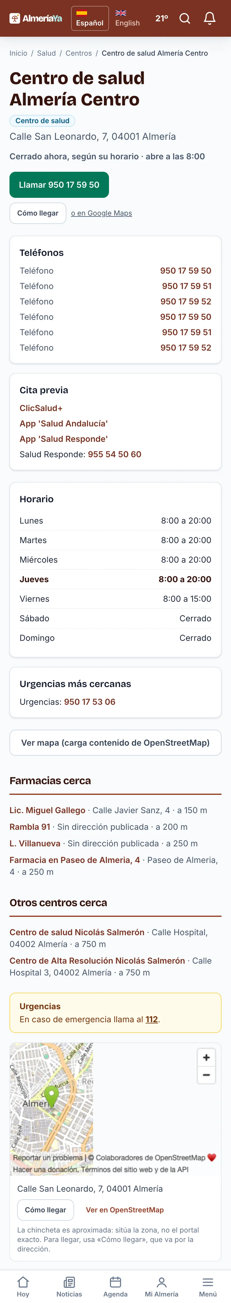 La página de un centro de salud, con su horario y la cita previa