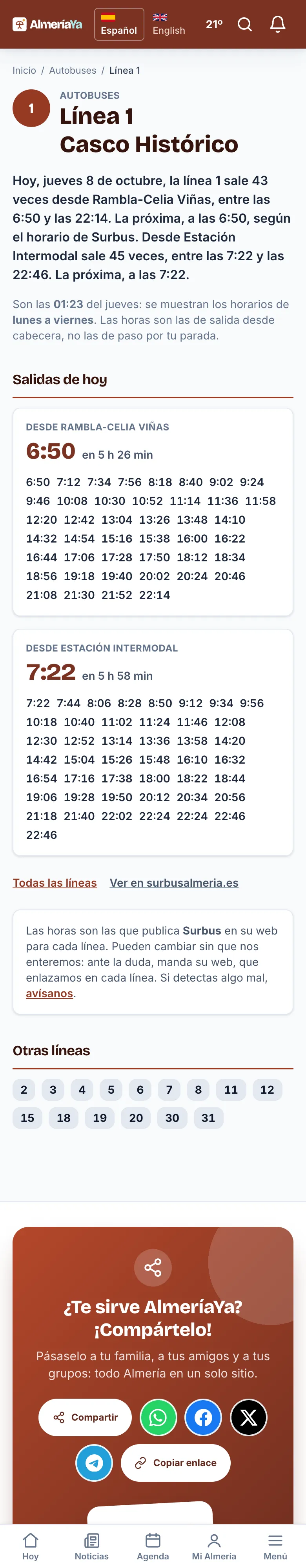 La página de una línea, con sus salidas y sus paradas