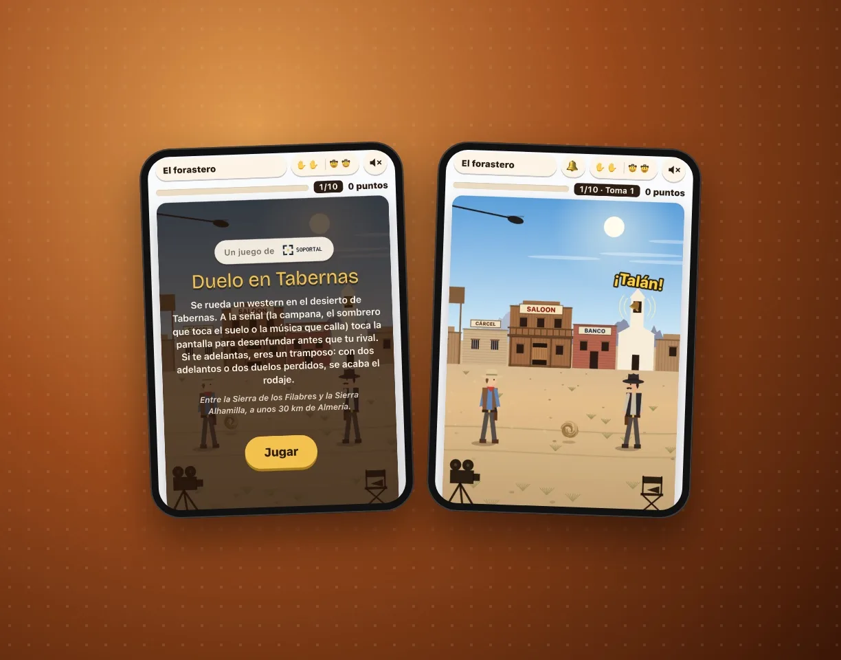Dos pantallas del juego: la portada y el duelo en el poblado con el saloon, el banco y la campana de la iglesia sonando.