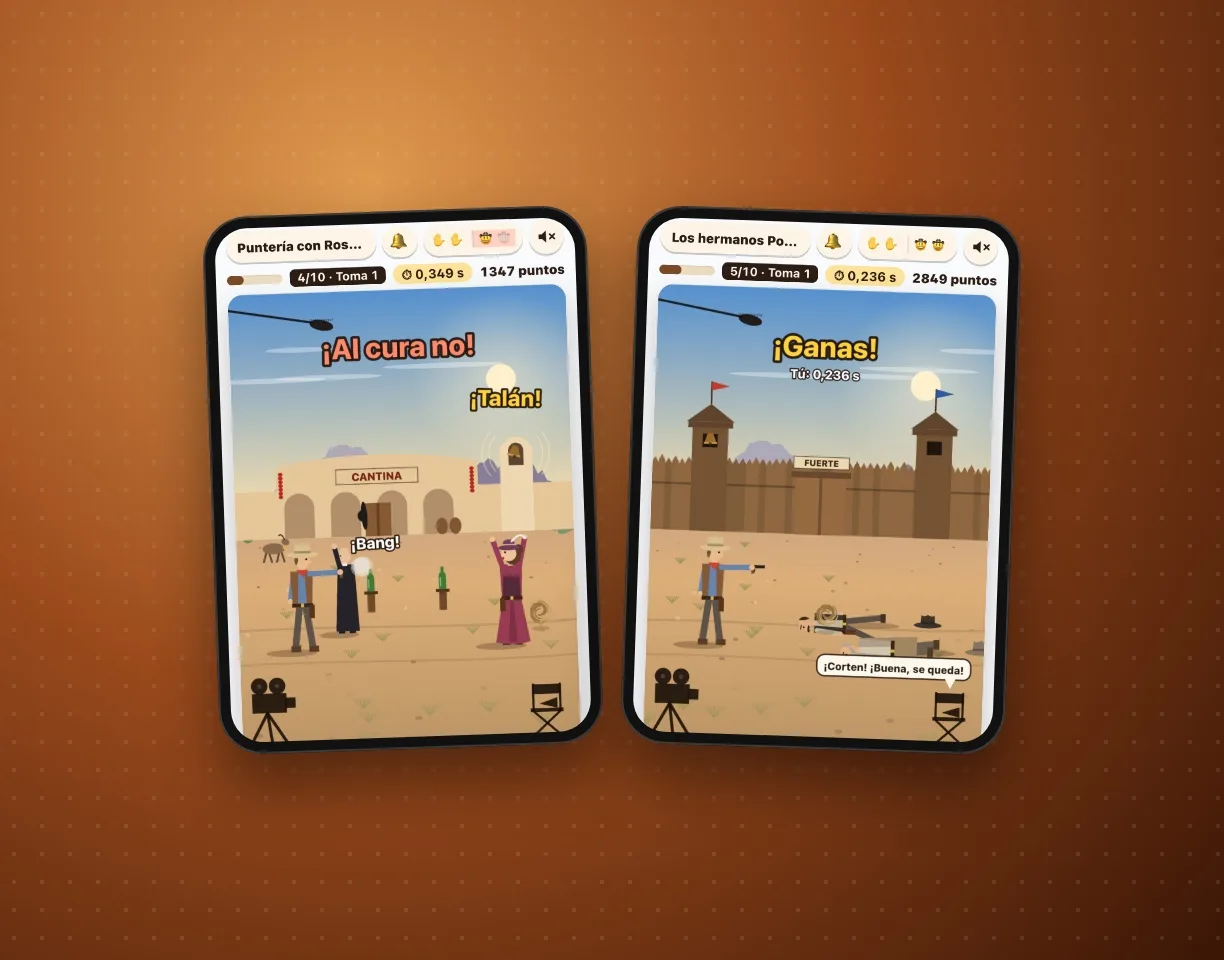 Dos pantallas del juego: el duelo de la cantina con el cura delante y el fuerte con dos rivales caídos y el director gritando corten.