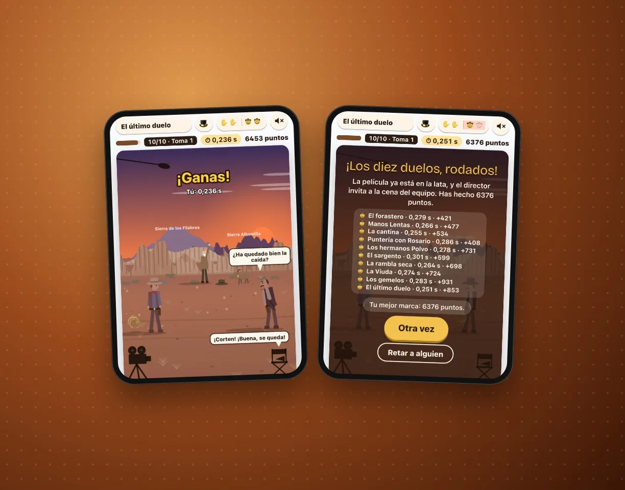 Dos pantallas del juego: las cárcavas de Tabernas al atardecer con las sierras al fondo y la pantalla final con la puntuación.