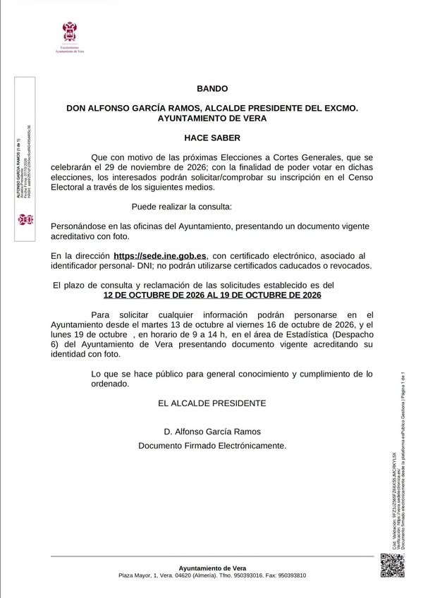 Imagen de la noticia: Vera abre del 12 al 19 de octubre el plazo para consultar y reclamar el censo electoral