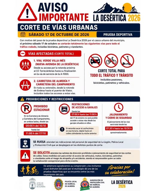 Imagen de la noticia: Huércal de Almería corta varias vías urbanas por La Desértica 2026