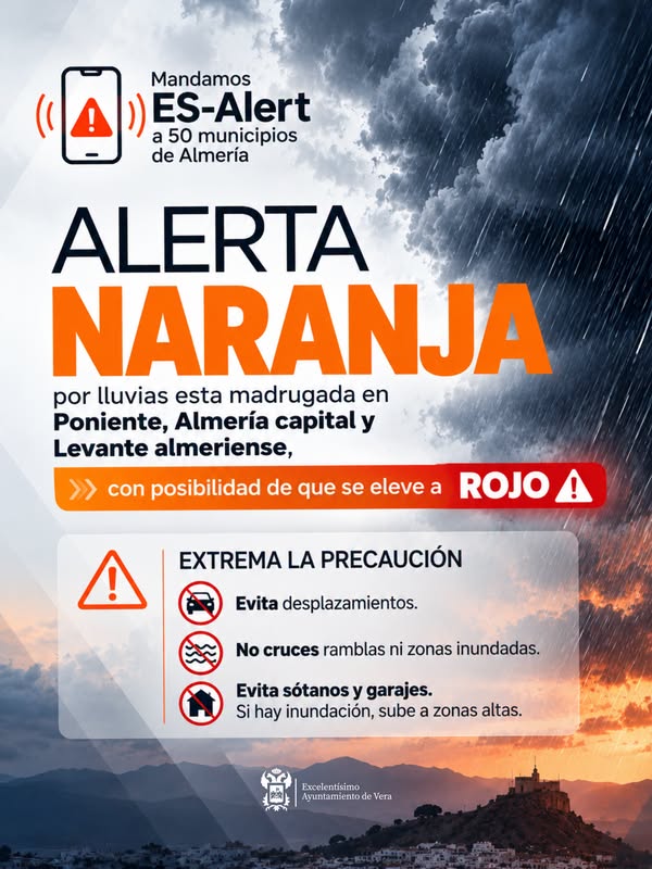 Imagen de la noticia: La Junta envía una alerta al móvil en 50 municipios de Almería por lluvias fuertes