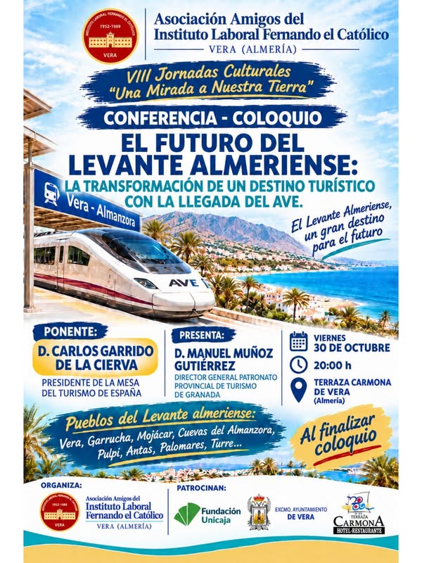 Cartel de una conferencia sobre el futuro del Levante almeriense con la llegada del AVE, con un tren y una costa al fondo.