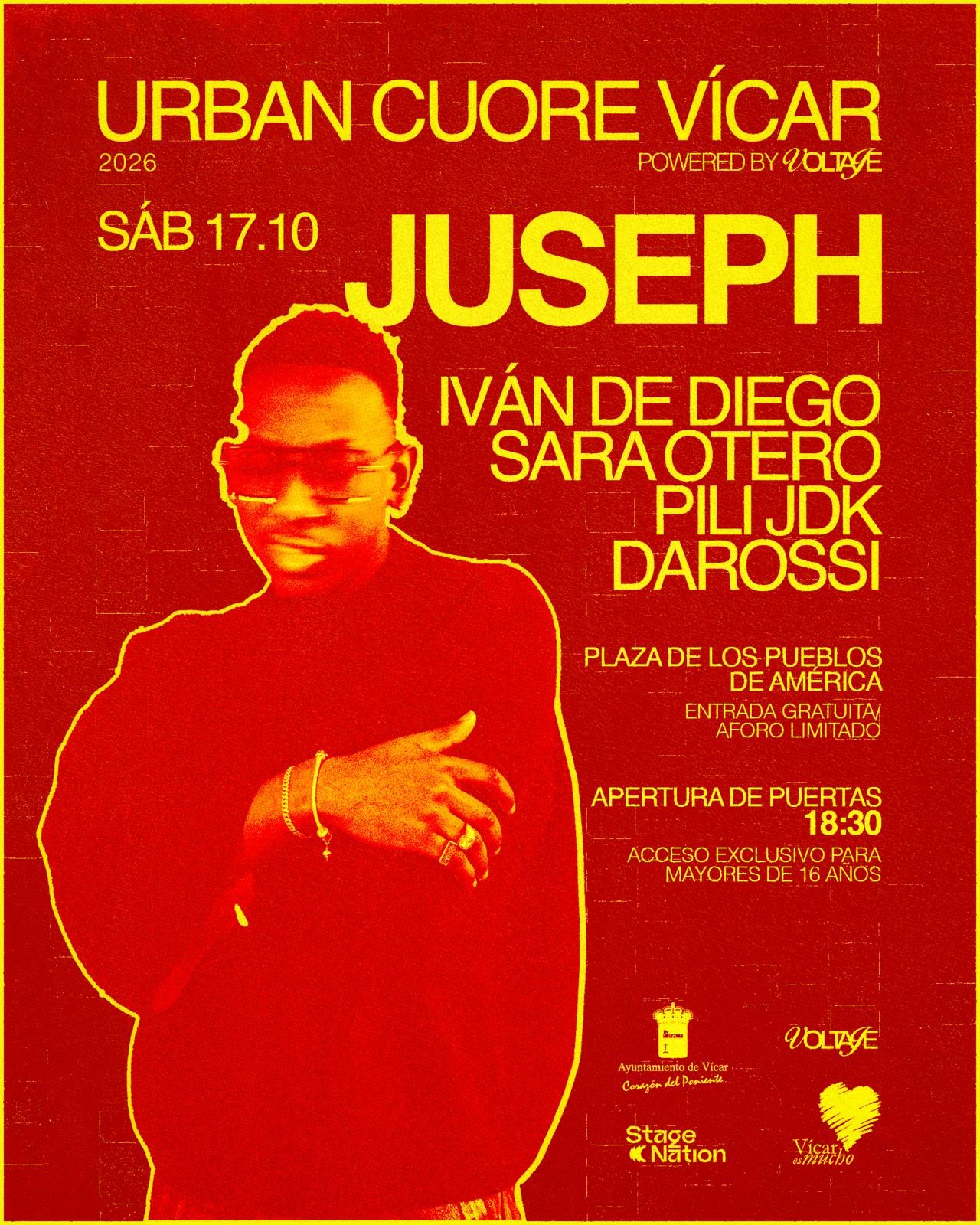 Cartel rojo y amarillo con un joven con gafas de sol y el nombre JUSEPH junto a otros artistas.