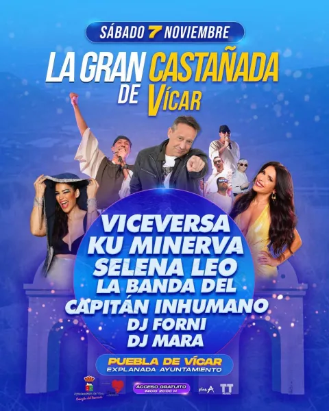 Cartel azul de la Gran Castañada de Vícar con artistas, fecha del 7 de noviembre y lugar del evento.