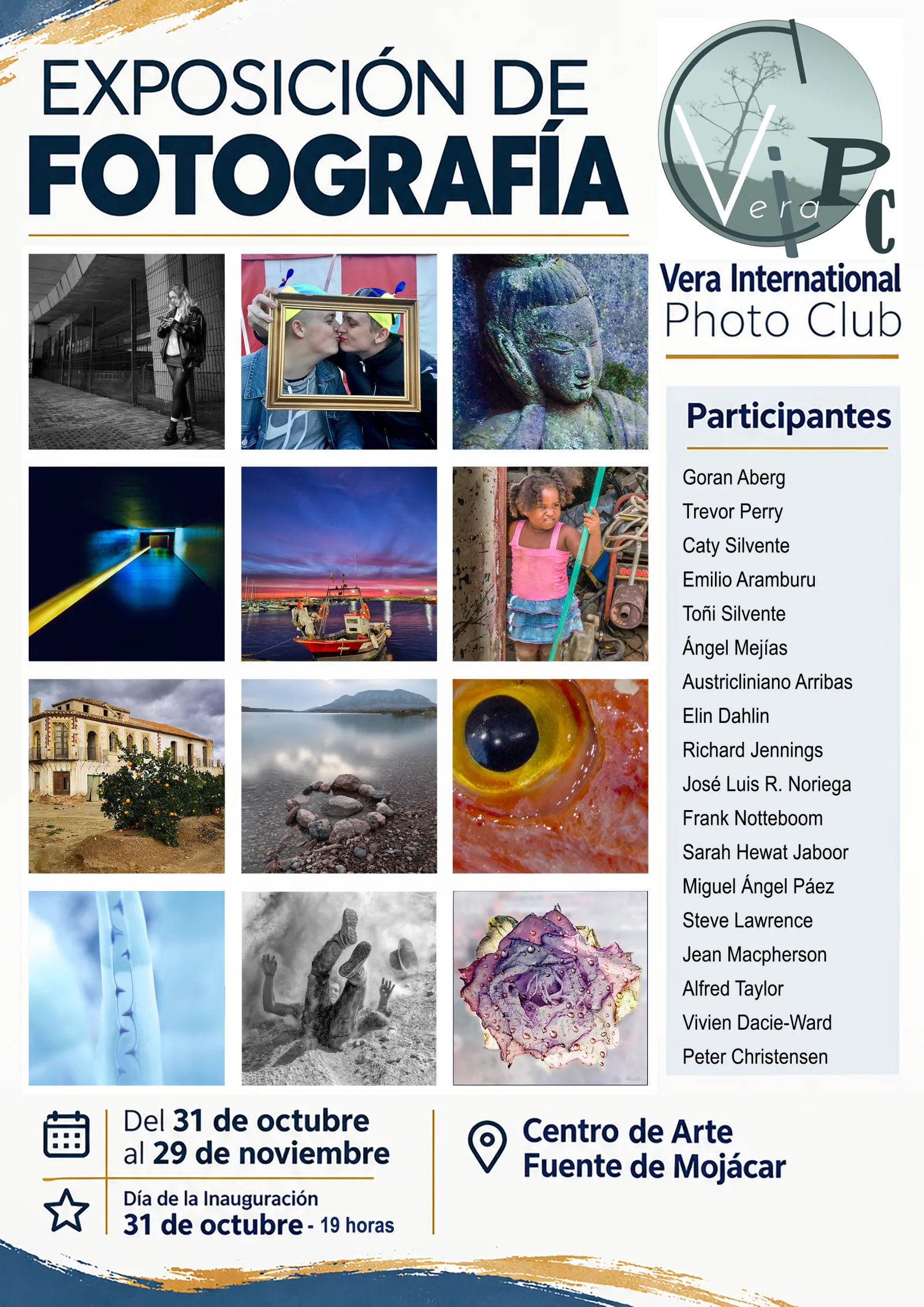 Cartel de una exposición de fotografía con una cuadrícula de doce imágenes y una lista de participantes.