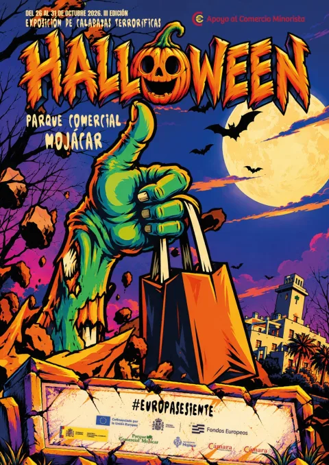 Cartel de Halloween con una mano verde de zombi sosteniendo una bolsa de compra, calabaza y murciélagos.