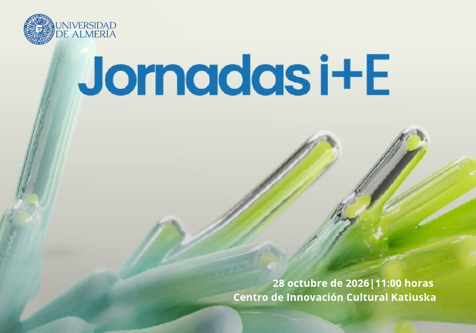 Cartel con el texto Jornadas i+E sobre tubos de laboratorio verdes y azules y el logo de la Universidad de Almería.