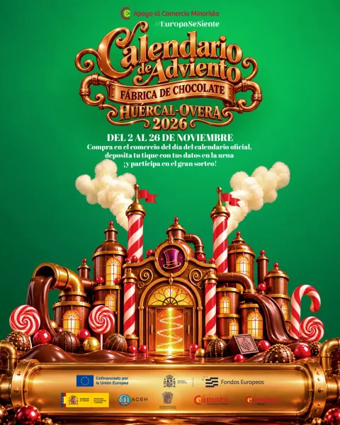 Cartel verde con el texto Calendario de Adviento sobre una fábrica de chocolate de cuento con chimeneas y caramelos.