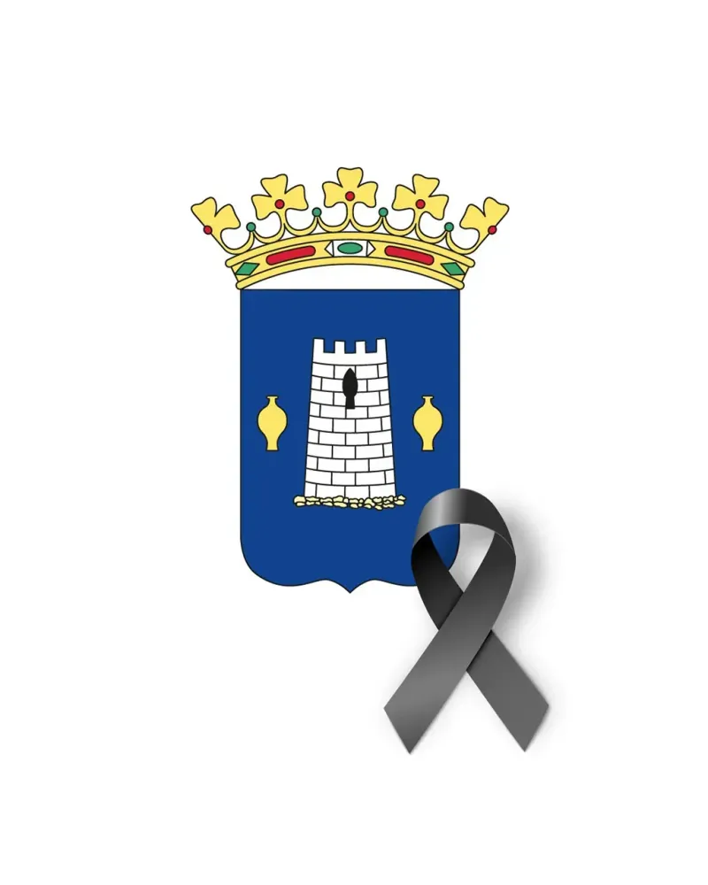 Escudo heráldico azul con torre blanca y corona, acompañado de un lazo negro de luto en la esquina inferior derecha.