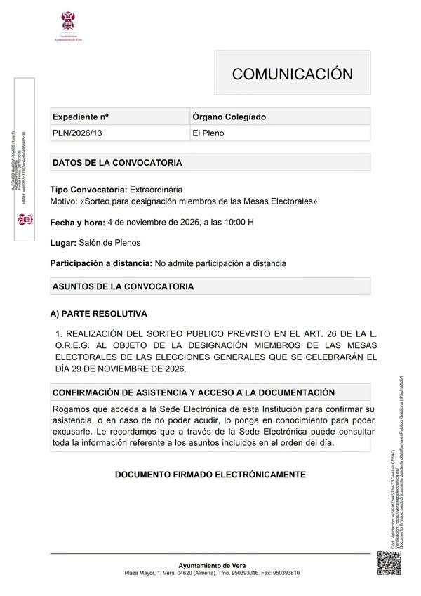 Documento oficial con el encabezado COMUNICACIÓN sobre la convocatoria de un sorteo de mesas electorales.