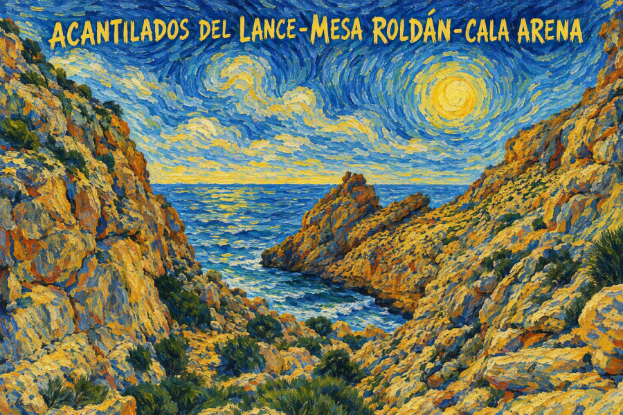 Pintura estilo Van Gogh de acantilados rocosos con mar azul y sol amarillo, con el texto ACANTILADOS DEL LANCE-MESA ROLDÁN-CALA ARENA arriba.