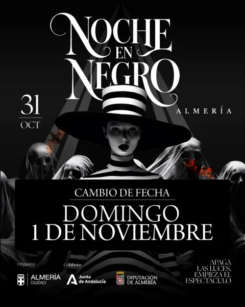 Cartel de la Noche en Negro de Almería con una figura de sombrero y rostros pálidos, anunciando cambio al 1 de noviembre.